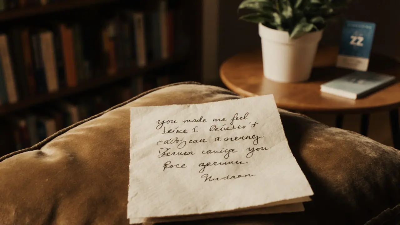 A handwritten letter with tender words resting on velvet, surrounded by books and a potted plant.