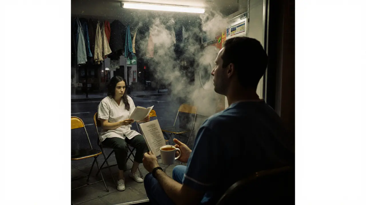 A poetry reading in a 24-hour laundromat, people listening as clothes tumble in the background.