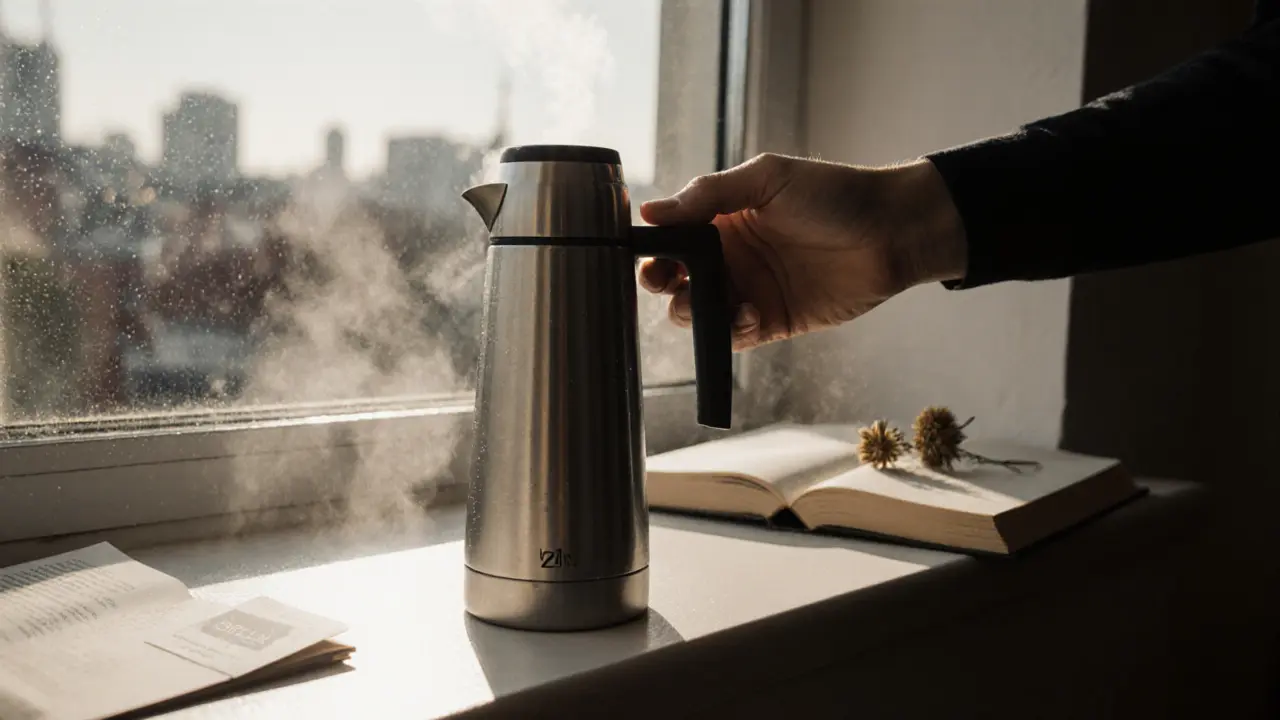A stainless steel thermos steaming on a windowsill with a museum card and book in a Berlin apartment.