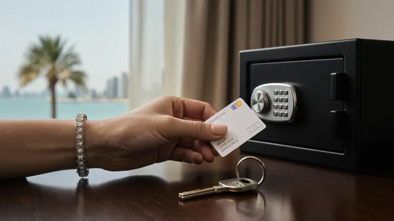 A woman&#039;s hands placing a keycard and car key on a wooden table beside a safe.