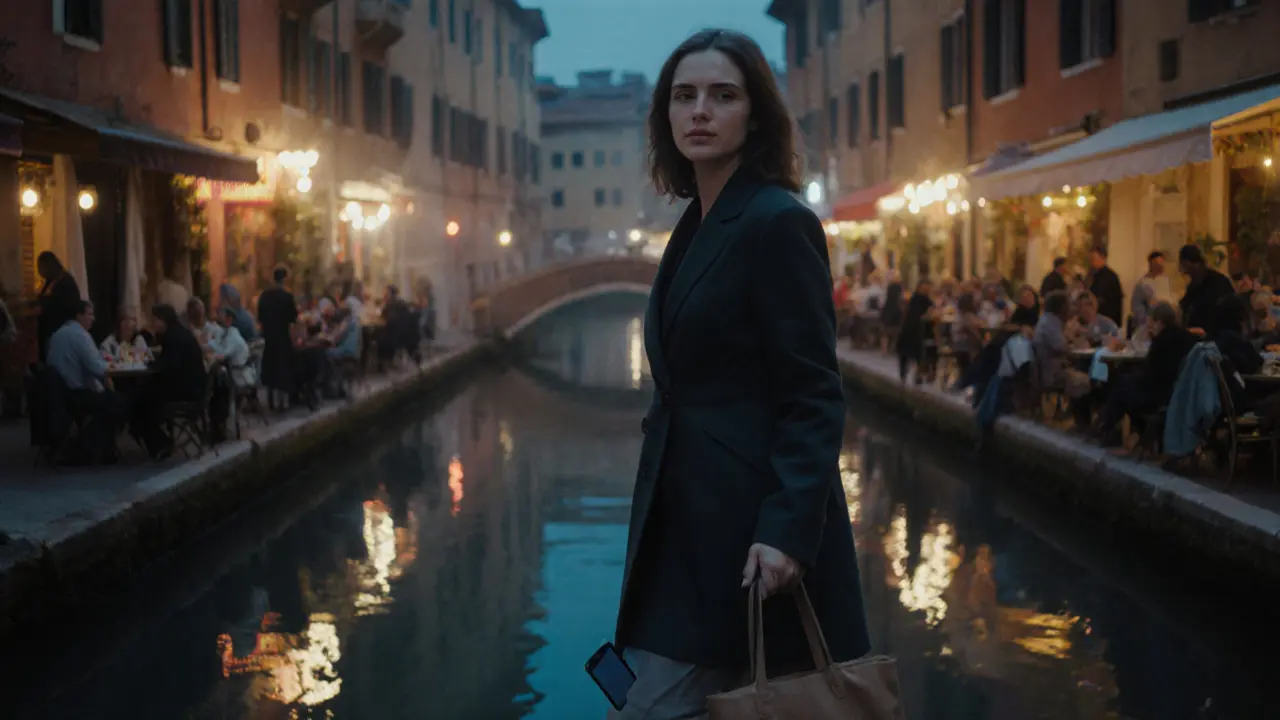 A woman walking alone through Milan&#039;s Navigli district at twilight, exuding calm confidence and independence.