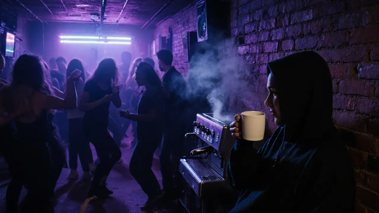 An underground music venue with dancers illuminated by neon pulses, someone sipping espresso at 3 a.m.