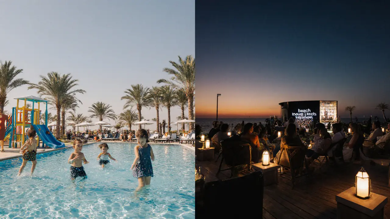 Beach House Dubai transitioning from daytime family scene to nighttime adult lounge under soft lights.