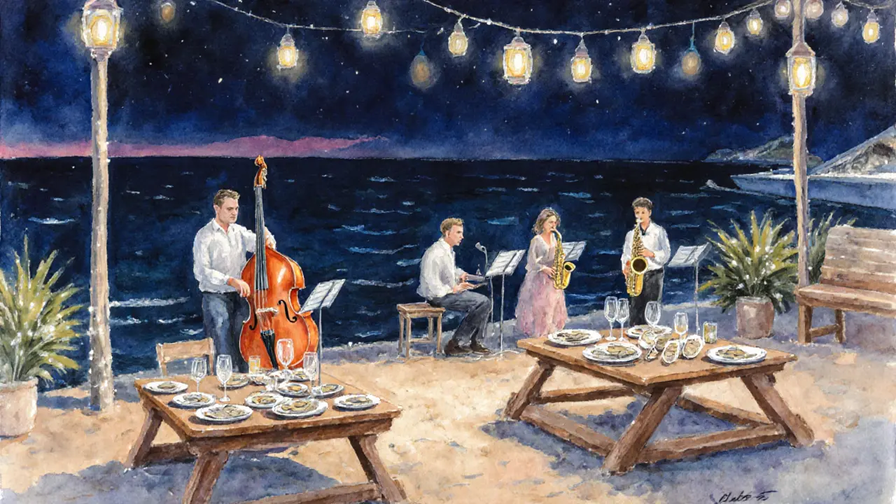 Beachside Club 55 at night with oysters, jazz trio, and lantern-lit tables.