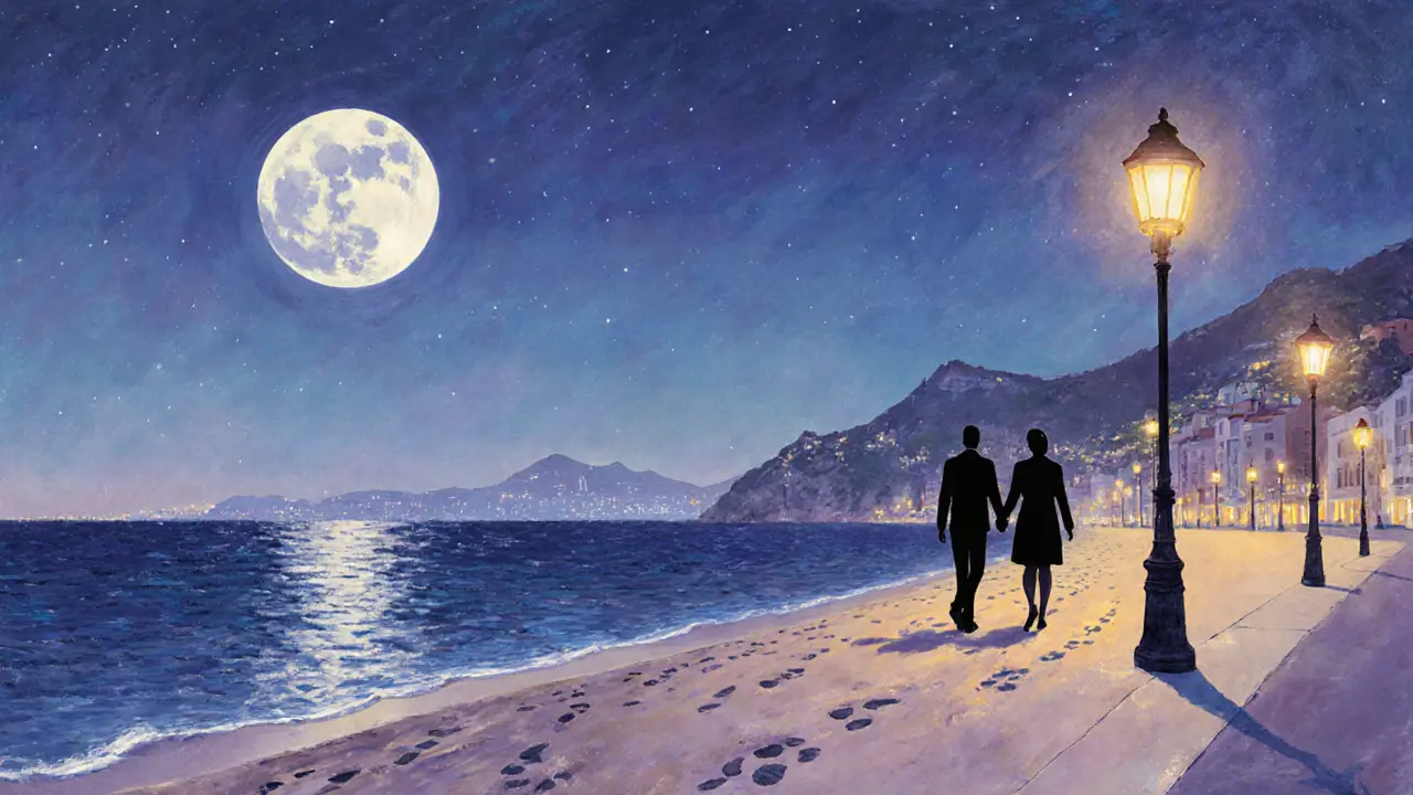 Couple walking on moonlit Larvotto Beach with city lights reflecting on the sea.