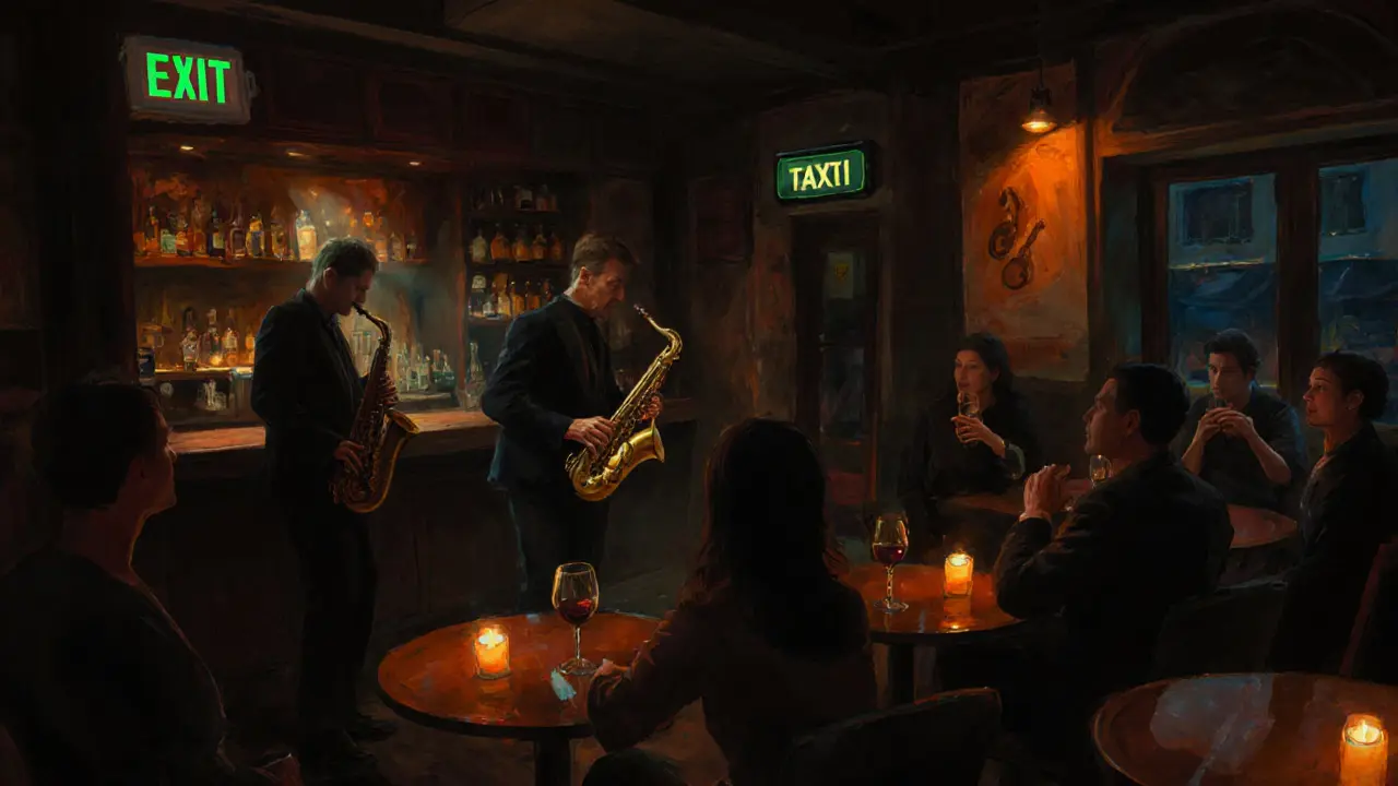 Cozy underground jazz club with musicians, dim lighting, and patrons.