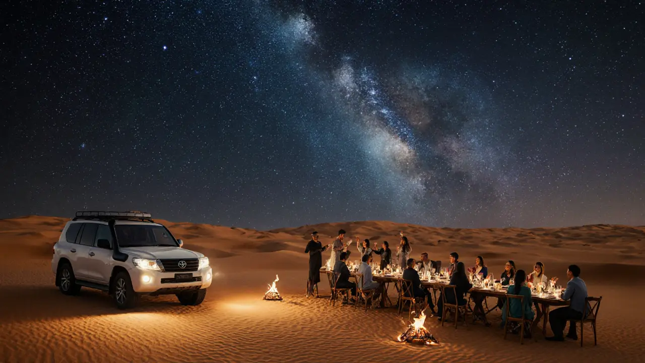 Desert Beat experience: candlelit dinner, 4x4s, dancers under starry sky blending Emirati music and EDM.