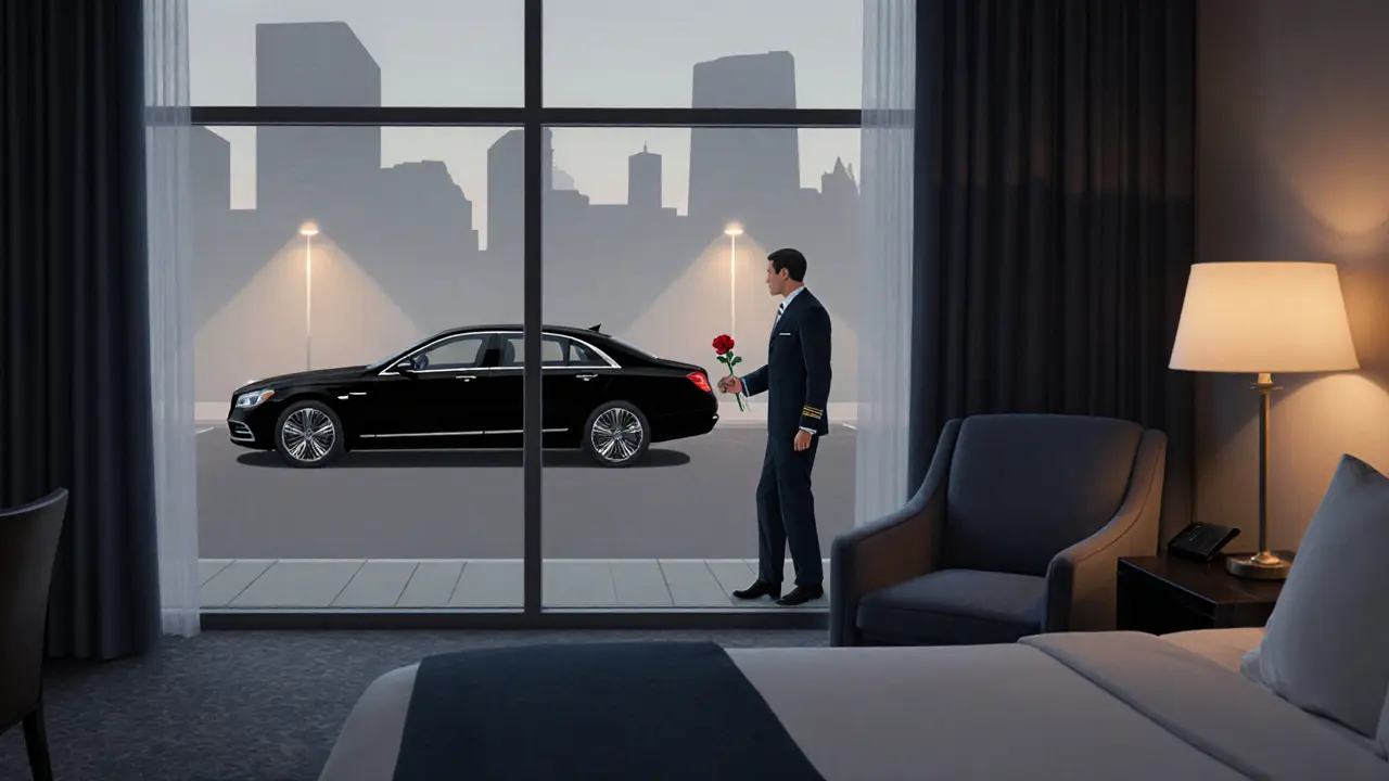 Discreet hotel suite scene with concierge handing a rose and a parked sedan.