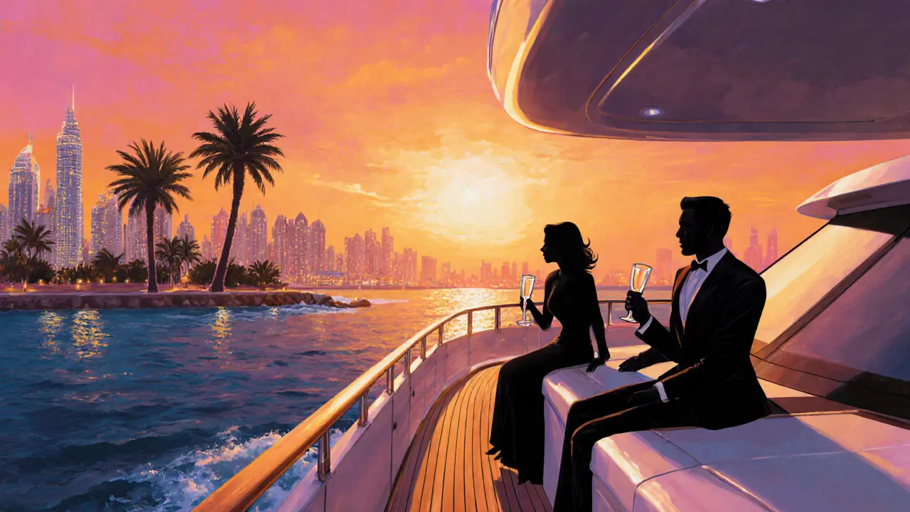 Elegant couple on a private yacht at sunset near Palm Jumeirah.