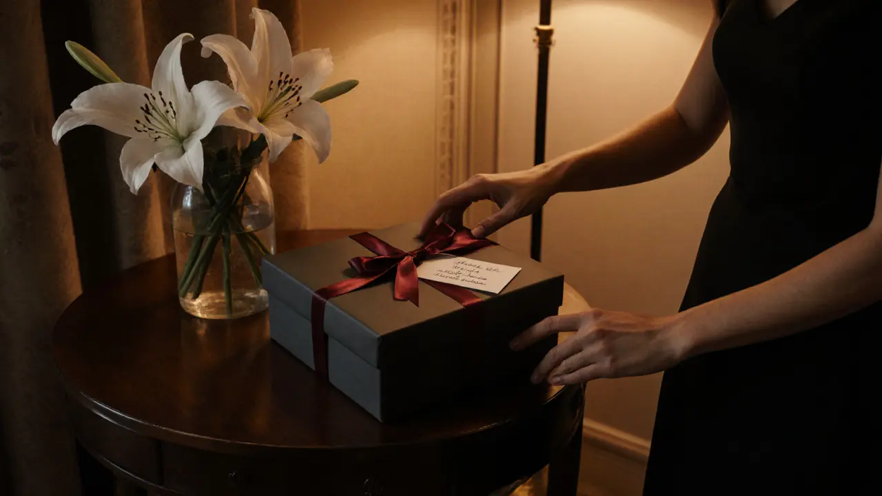 Elegant hand‑off of a wrapped gift box with a note in a stylish Paris apartment.