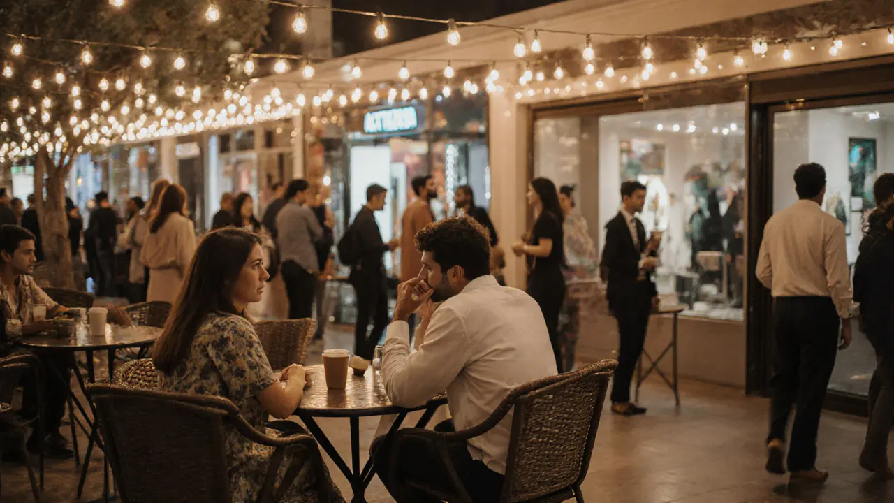 Expats and locals socializing at an outdoor café in Abu Dhabi&#039;s Galleria mall.