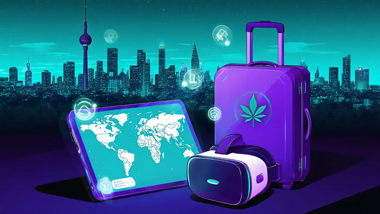 Futuristic illustration of Berlin skyline with holographic map and eco‑friendly travel gear.