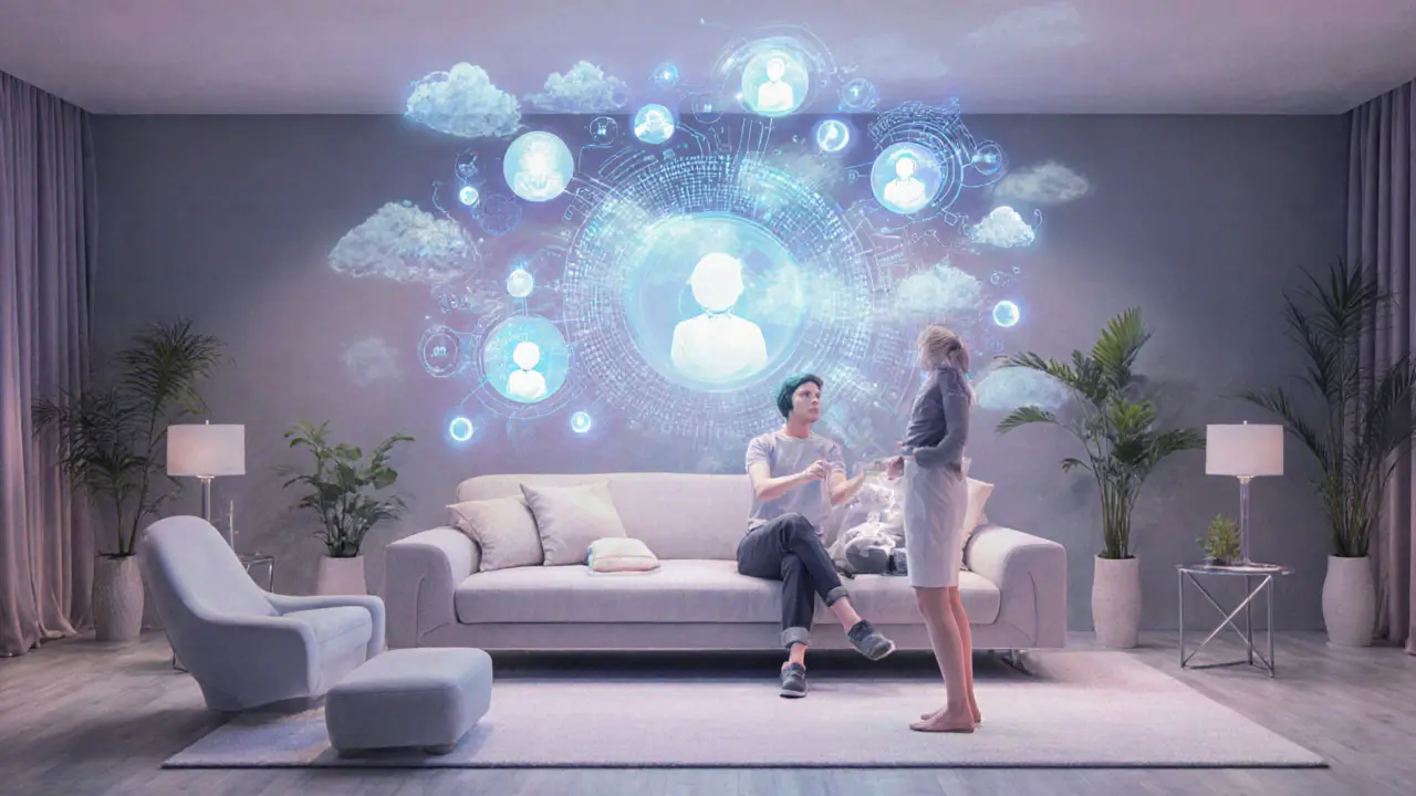 Futuristic lounge with holographic AI suggesting companion matches.