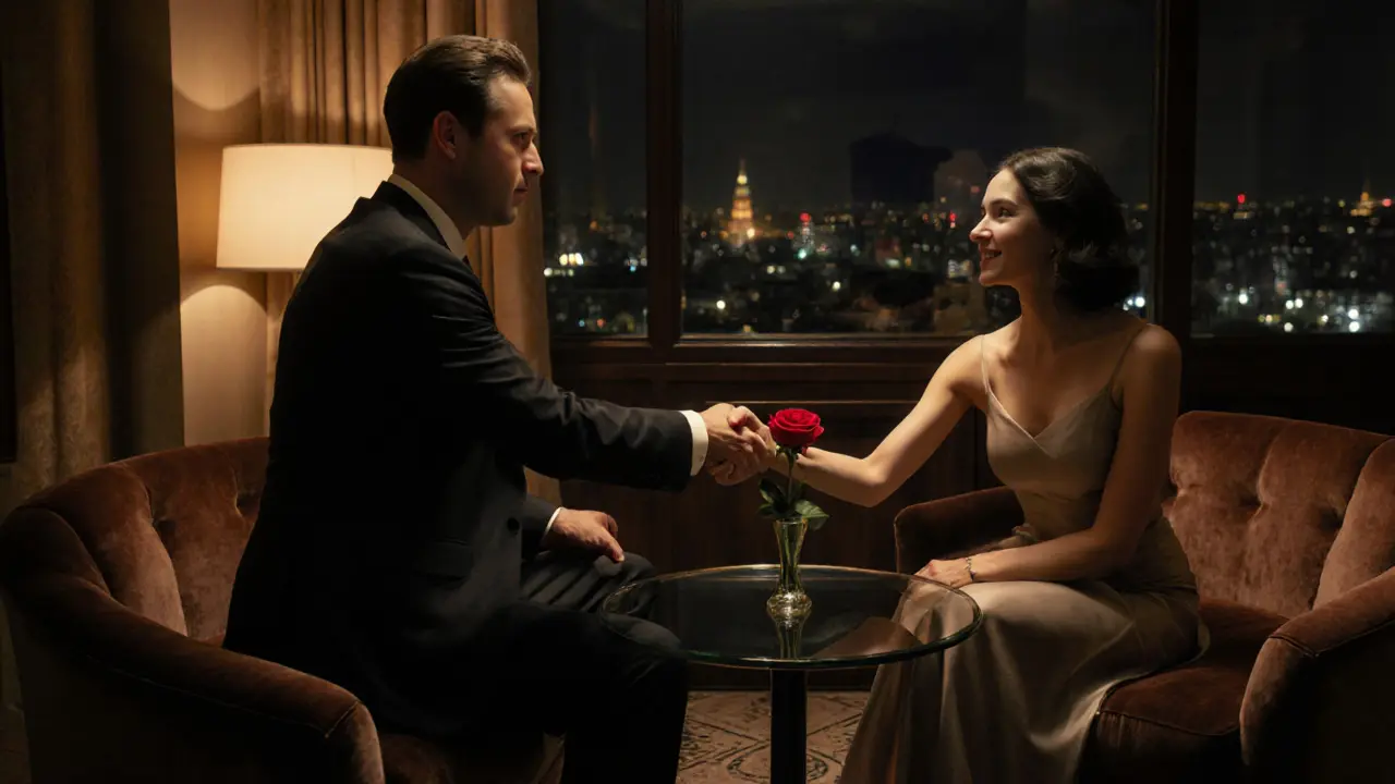 Hotel lounge scene with client and escort shaking hands under warm lighting.