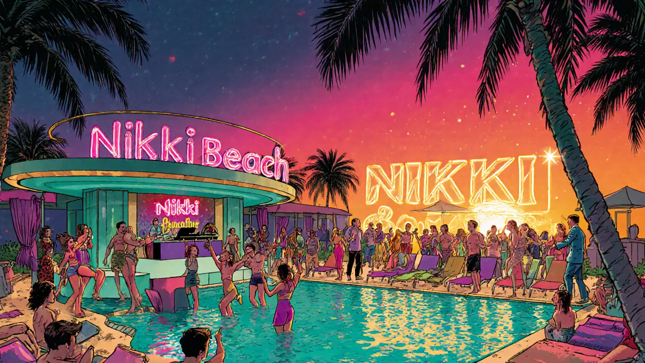 Illustrated Yas Island beach club at sunset with pool, DJ, and colorful neon signage.