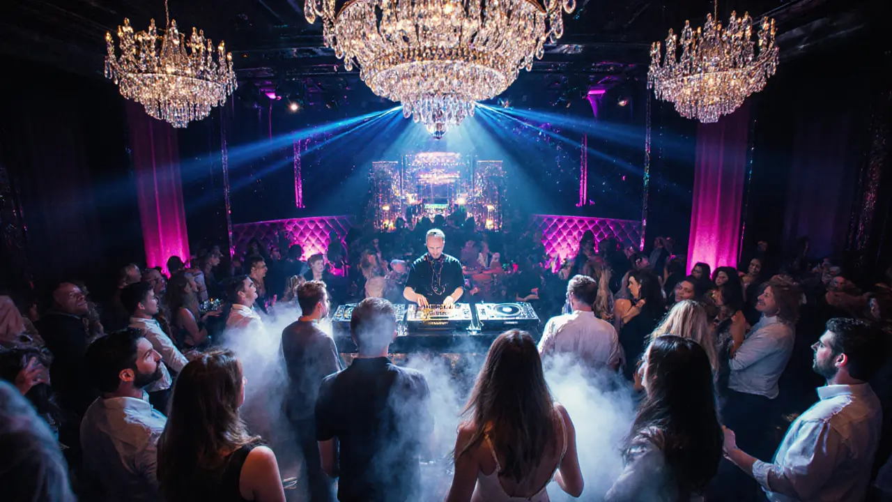 Inside Jimmy&#039;z club with chandeliers, laser lights, and stylish people dancing.