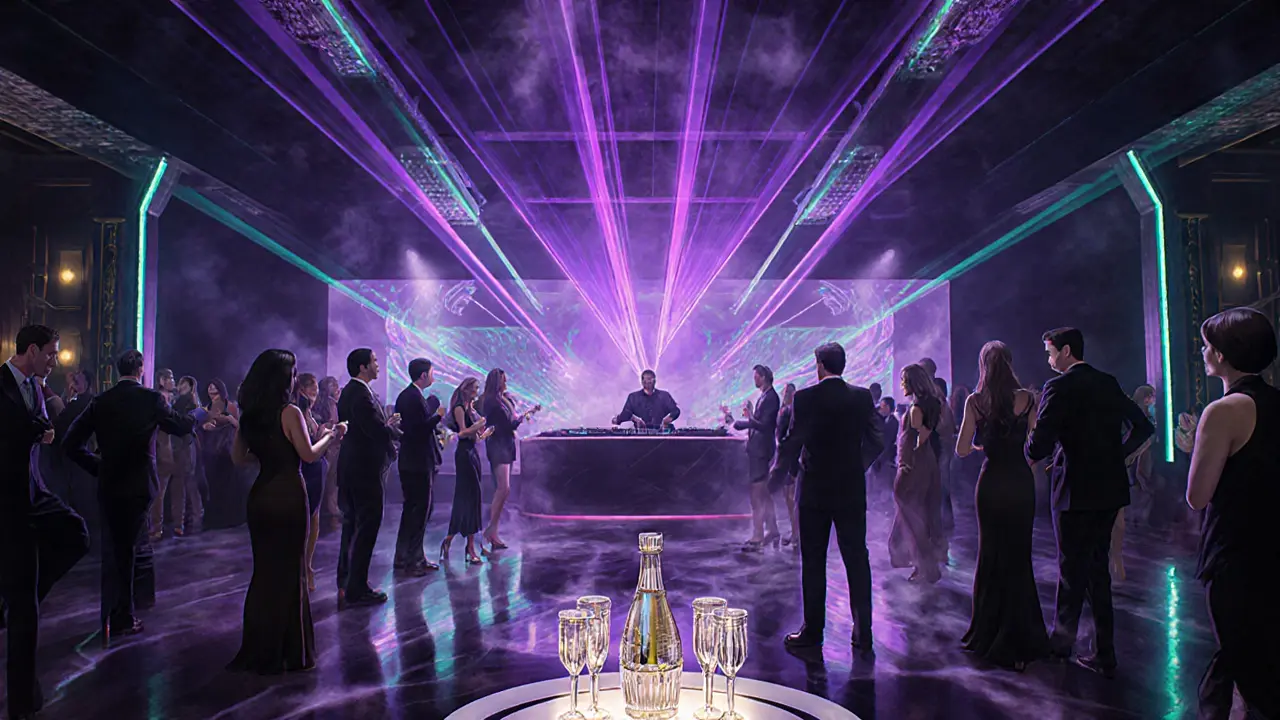 Inside Jimmy'z club with laser lights, dancing crowd, and bottle service.