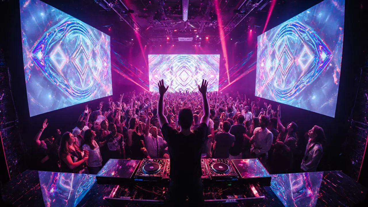 Inside White Dubai club with massive LED screens, DJ booth, stylish crowd under vibrant lights.