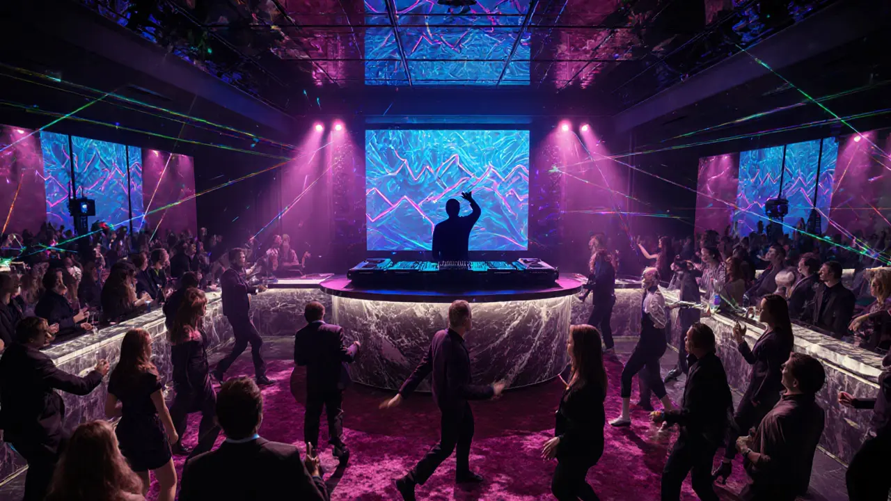 Interior of Jimmy'z nightclub with DJ, neon lights, and stylish crowd on dance floor.