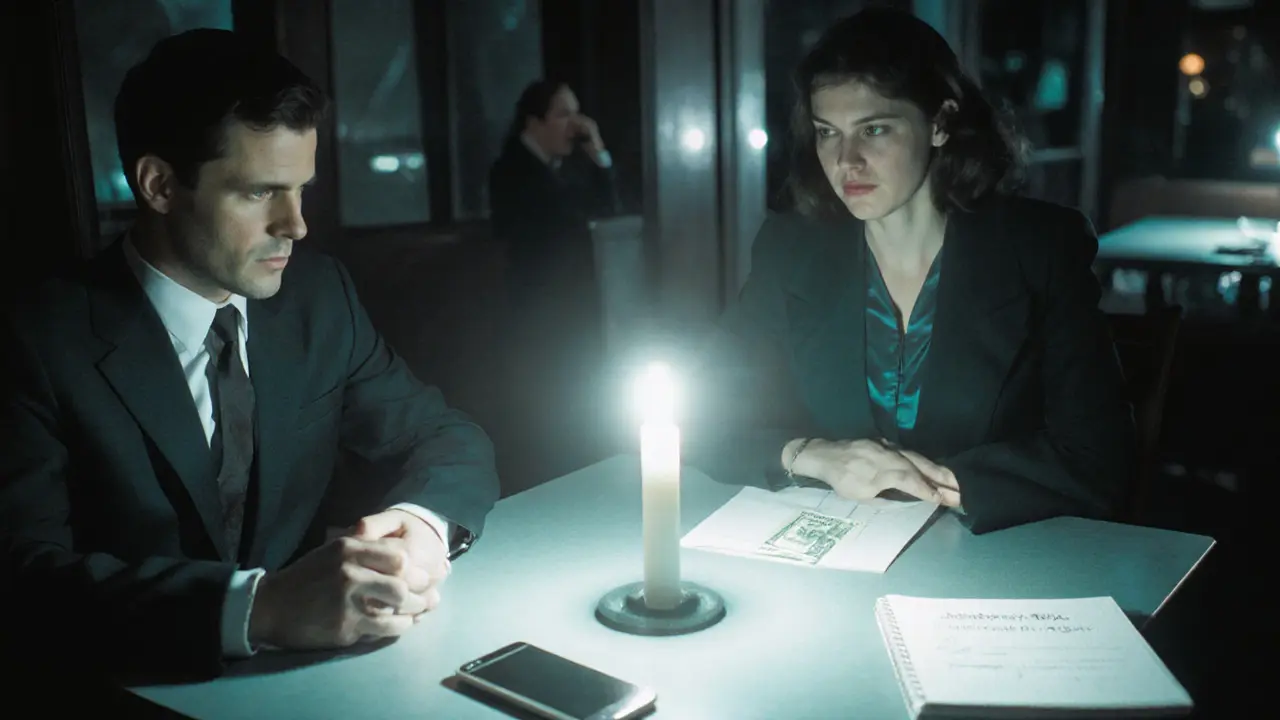 Intimate café scene with a client and escort sharing a candle, discreet cash, and a phone.