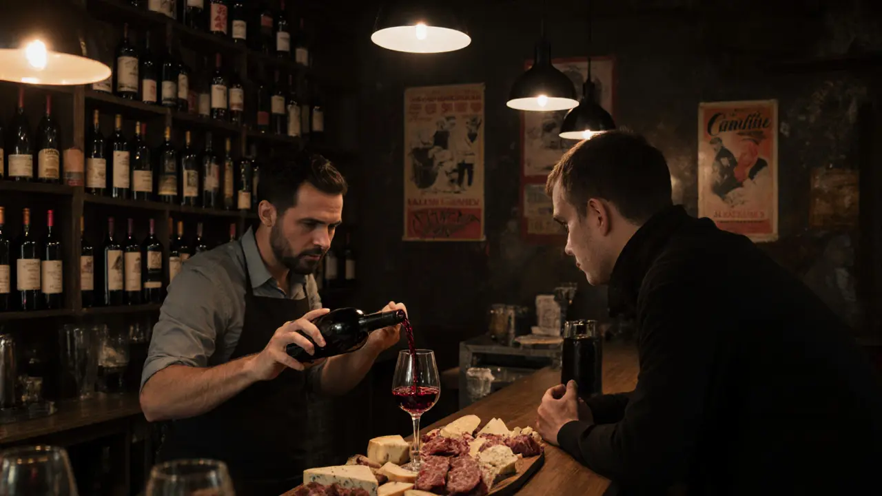 Intimate wine bar with shelves of bottles and a bartender pouring wine by soft lamplight.