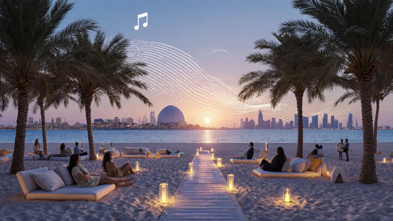 Intimate Zabeel Saray Beach at dusk with candlelit paths and couples watching the sun set behind Atlantis.