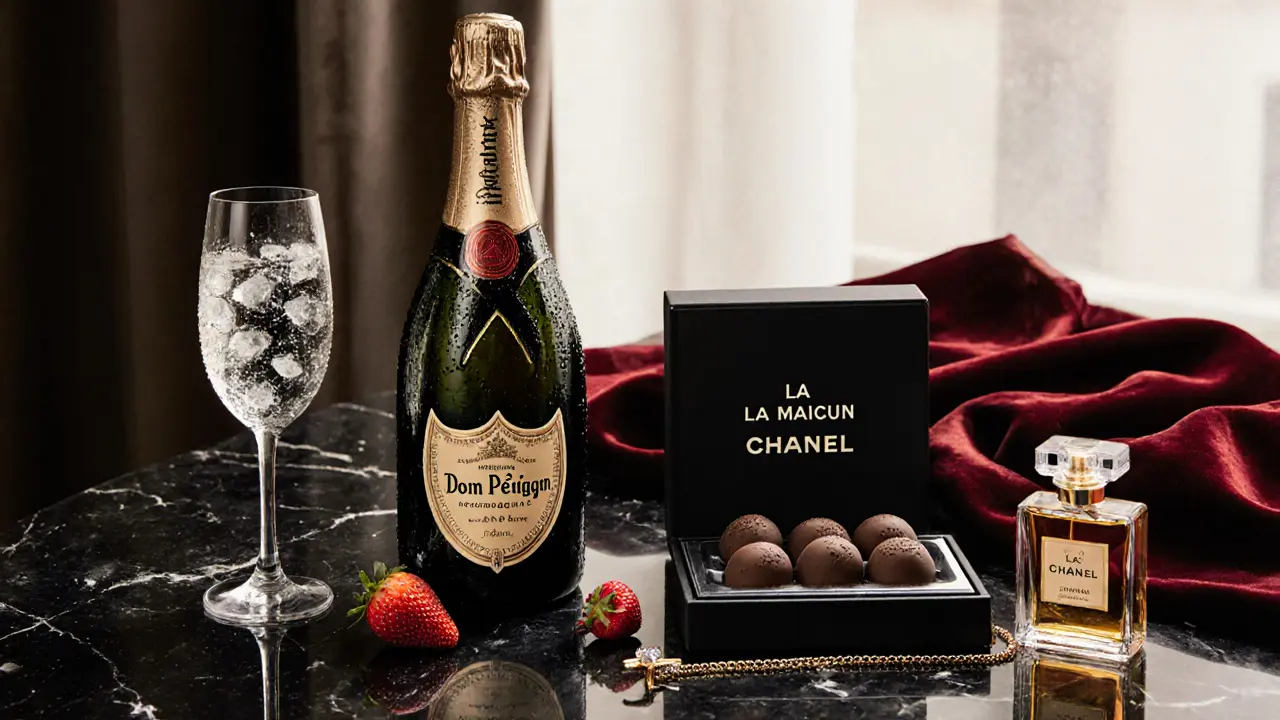 Luxurious French gift set with champagne, chocolates, perfume, and jewelry on a marble table.