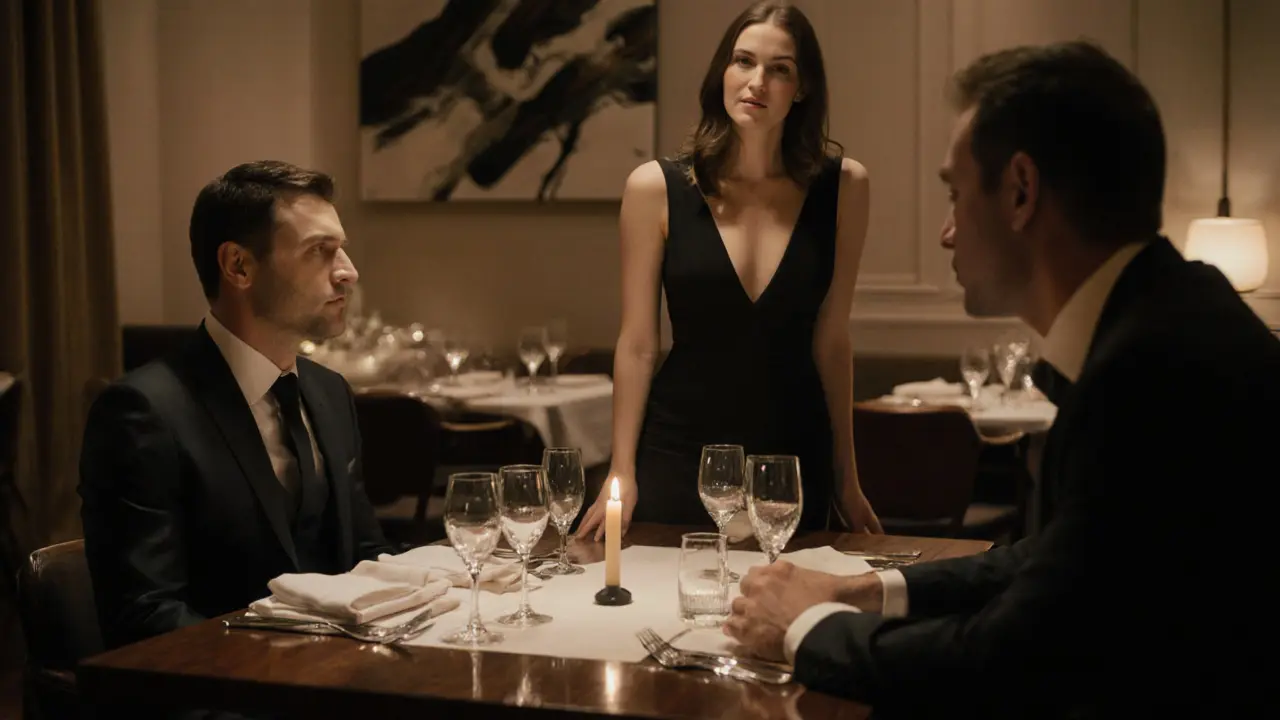 Luxury escort and client converse at a candlelit, upscale restaurant table.