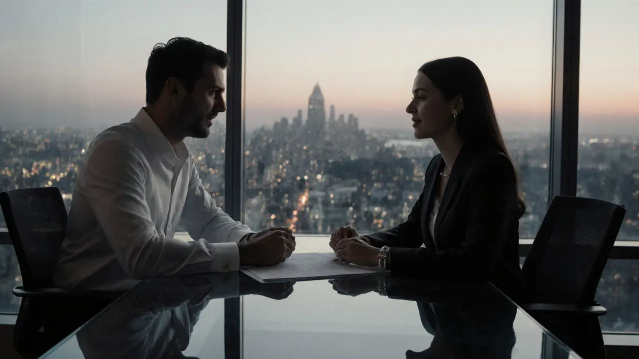 Man and escort in a modern office sharing a role‑play conversation at dusk.