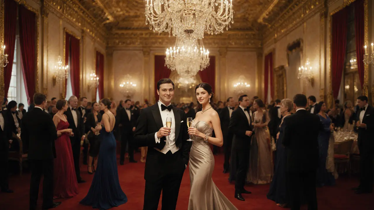 Man in tuxedo and elegant escort pose with champagne at a lavish charity gala.