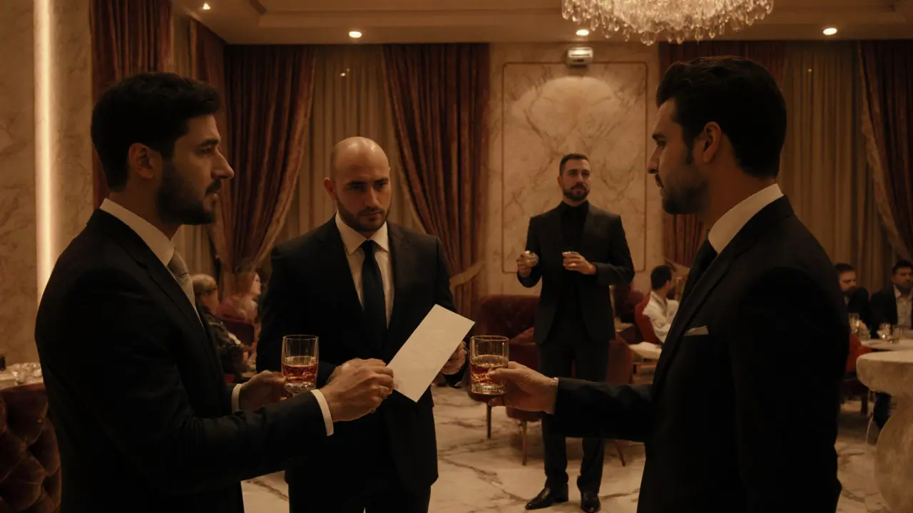 Men in suits conversing quietly in an exclusive club, with hidden security and opulent decor.