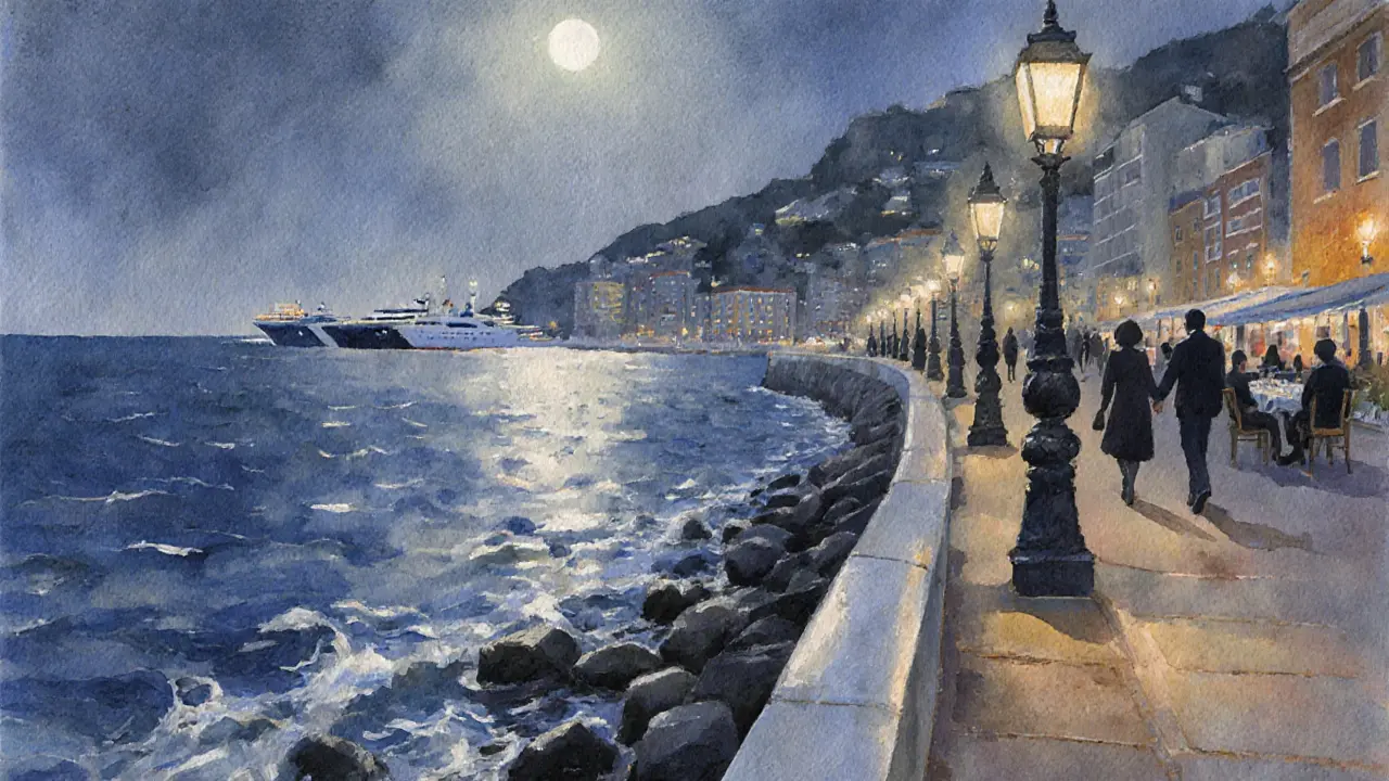 Moonlit Larvotto promenade with couples walking by the sea.