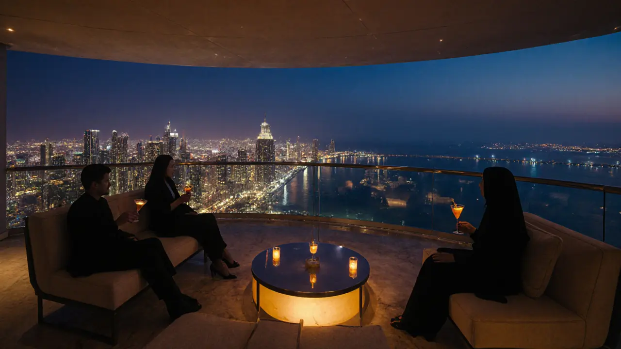 Night rooftop bar at Etihad Towers showing skyline views, ambient lighting, and silhouetted guests.