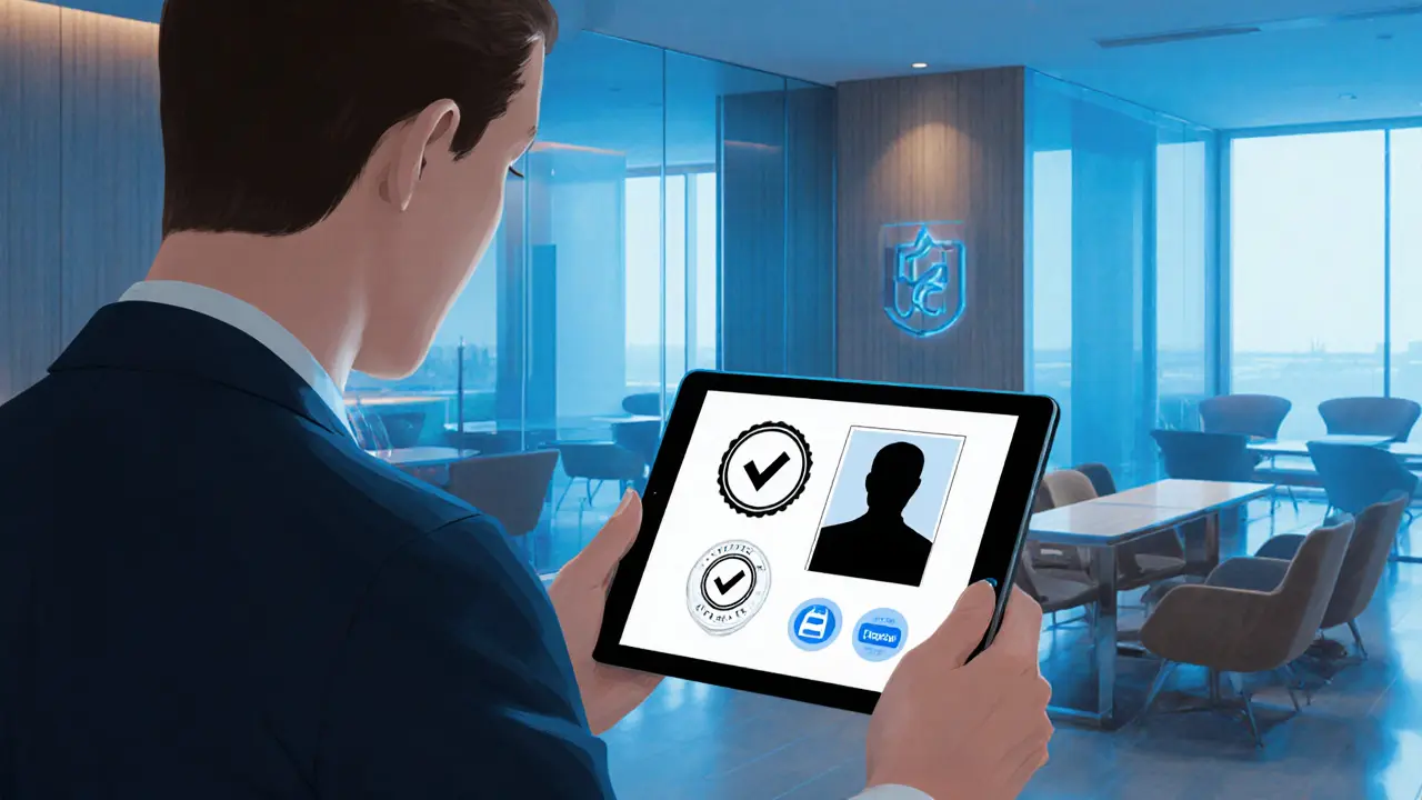 Professional reviewing an anonymous profile on a tablet in a modern agency office.