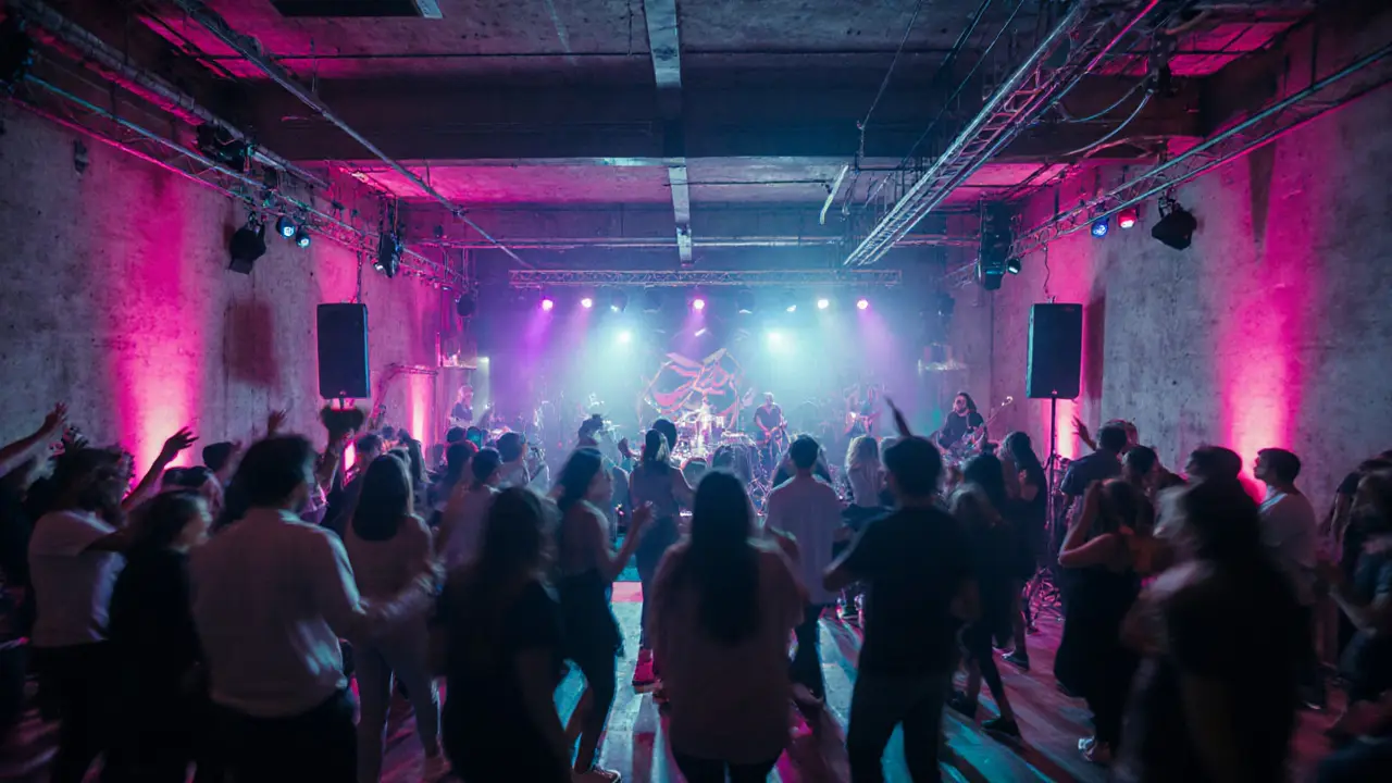 Pulse Lab interior with neon lights, DJ stage, and crowd dancing.