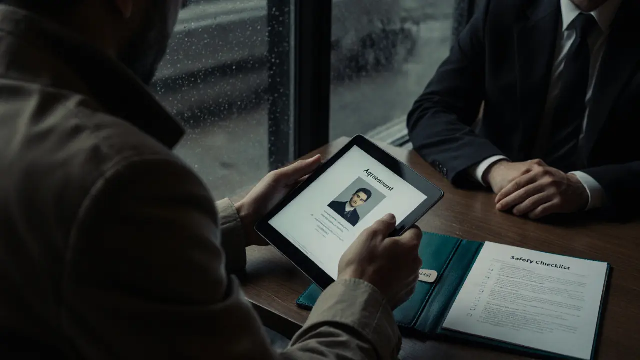 Quiet coffee shop scene showing a client reviewing a profile and a safety checklist with a companion.