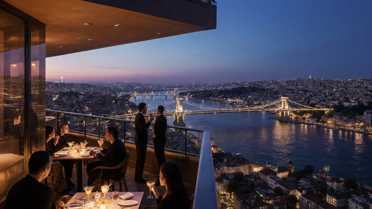 Rooftop bar at sunset overlooking the Bosphorus, people enjoying drinks.