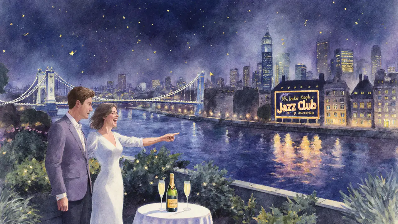 Rooftop garden at night with a couple enjoying champagne and a view of the London skyline.