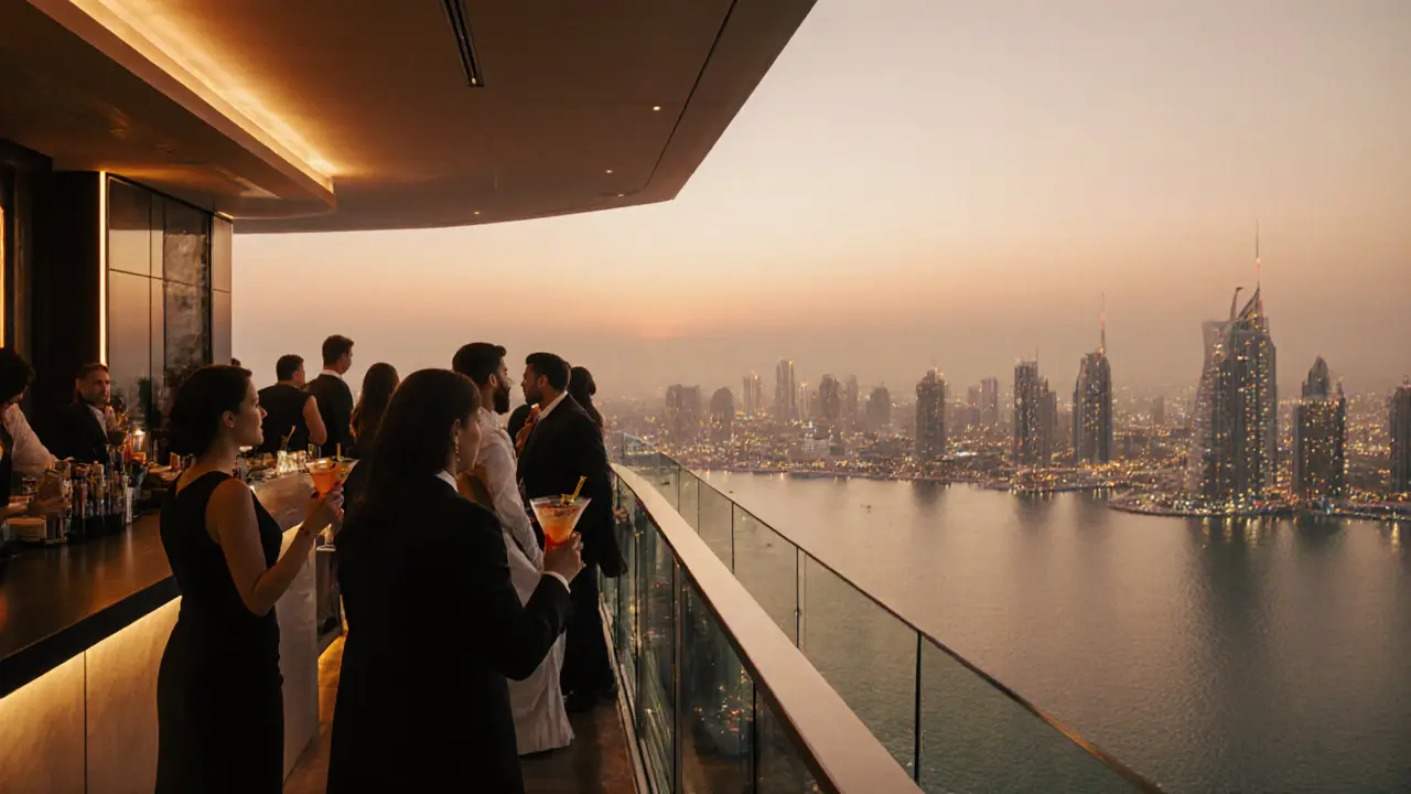 Skyview Bar rooftop with cocktails and panoramic night view of city and gulf.