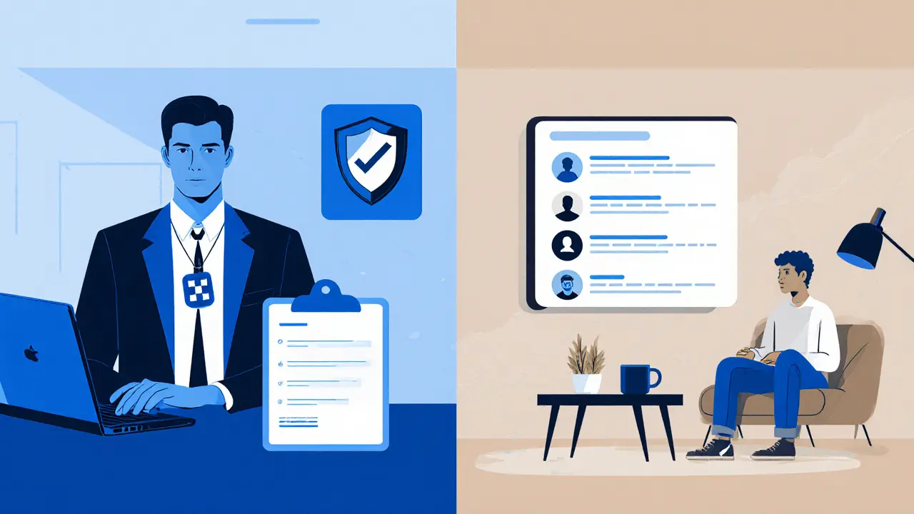 Split illustration showing an agency office on the left and a home setup with a tablet on the right.