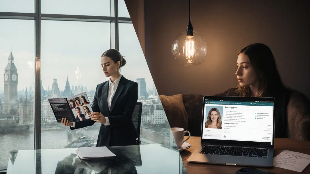 Split scene comparing an agency office and a home studio with escort profiles.
