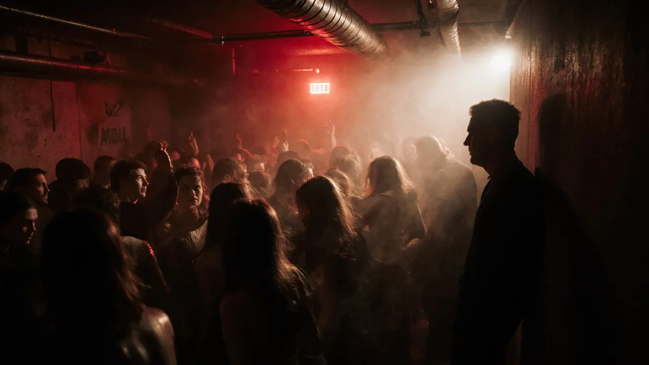 Underground techno club in Porta Venezia with a crowded dance floor under red emergency lights and haze.