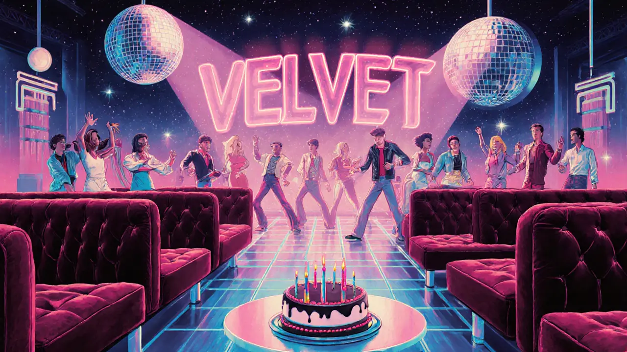 Velvet Underground retro lounge with disco ball, velvet booths, and birthday cake.