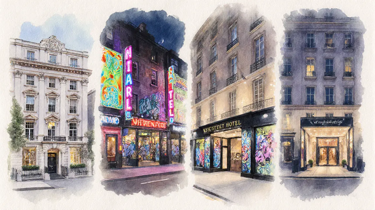 Watercolor collage of Mayfair, Soho, Shoreditch, and Knightsbridge nightlife.