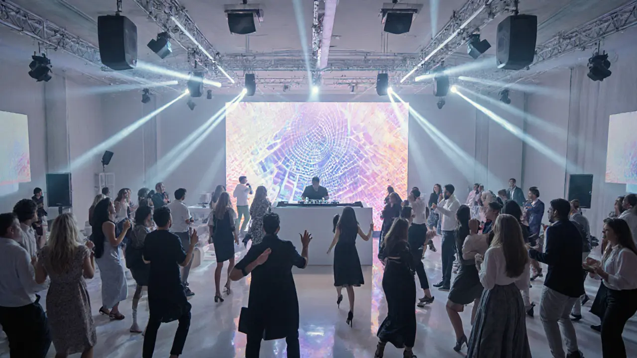 White Dubai nightclub interior with white decor, LED screens, and dancing crowd.
