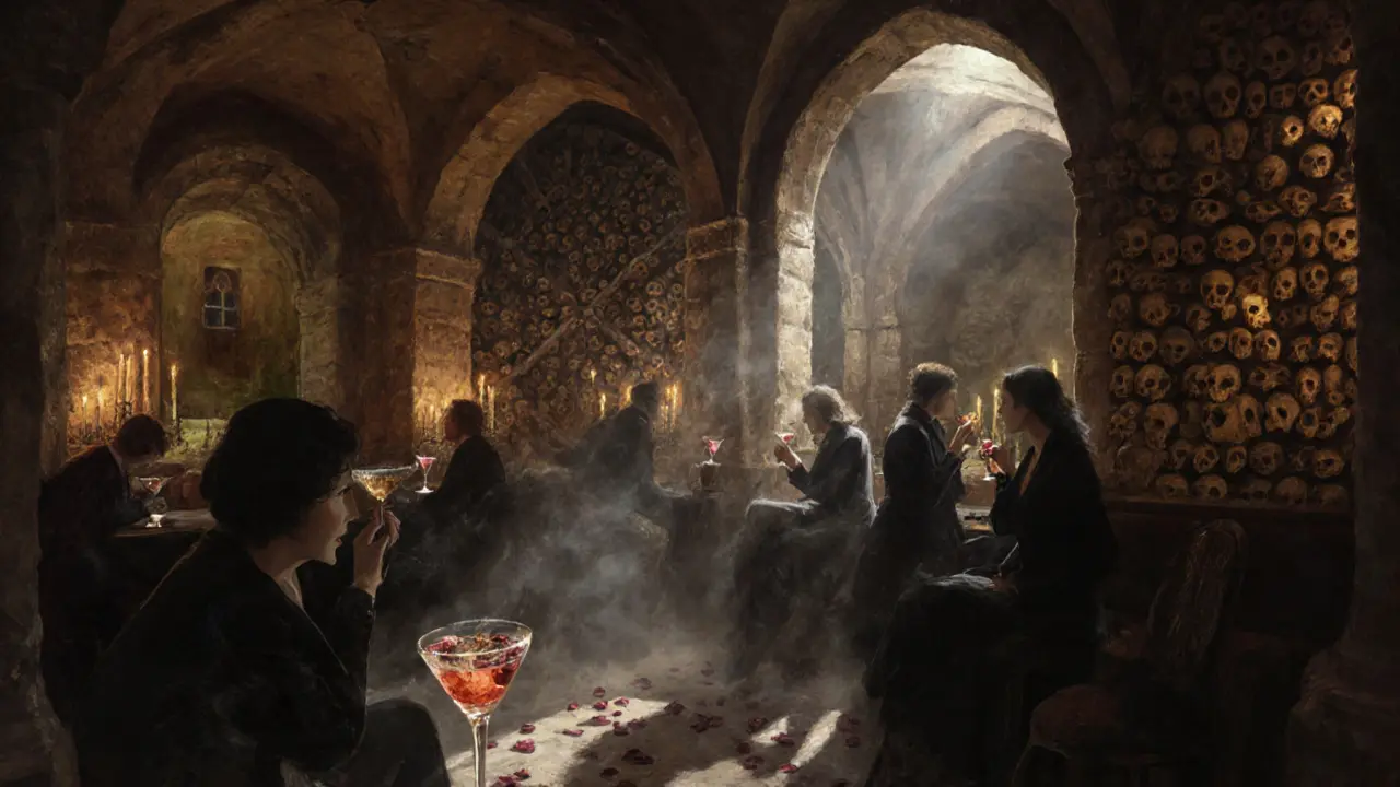 A candlelit crypt bar with walls made of arranged human skulls and patrons in black attire.
