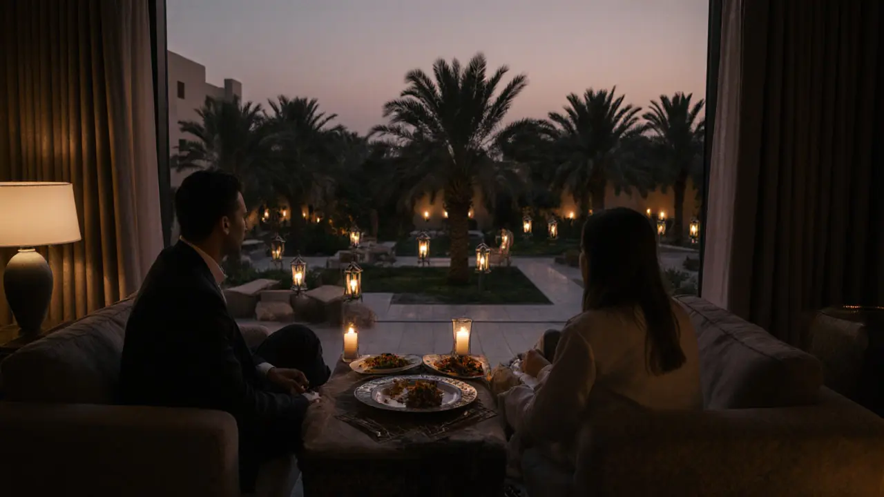A client and companion relaxing in a private apartment lounge overlooking a tranquil garden at dusk.