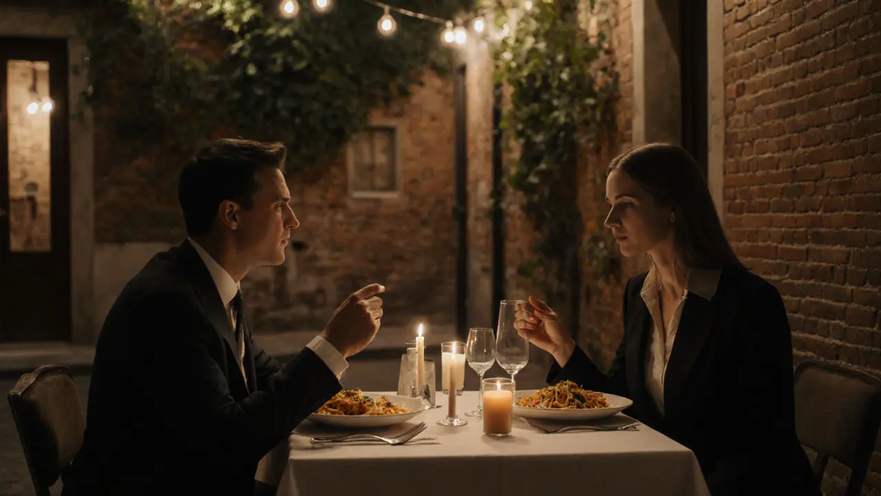 A couple enjoying an intimate dinner in Brera, candlelight glowing on a quiet street in Milan.