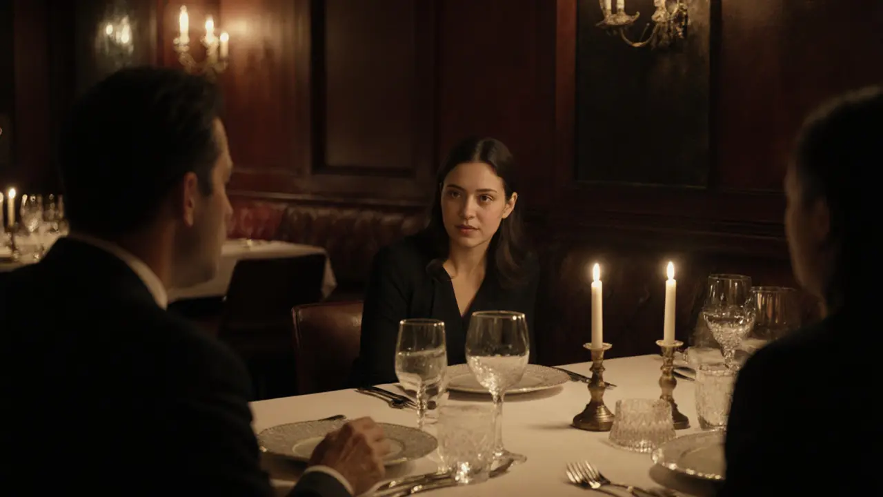 A couple shares an intimate dinner in a luxurious Milan restaurant, candlelight illuminating their quiet conversation.