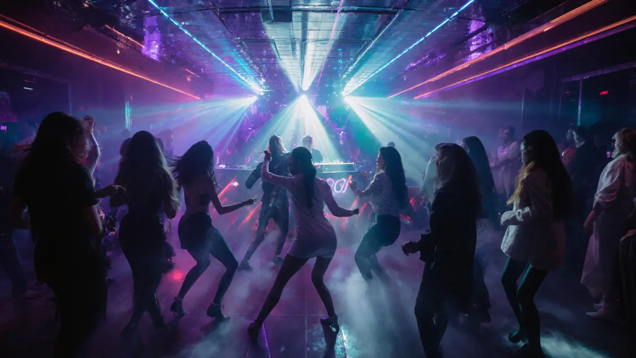 A dazzling nightclub with mirrored ceilings and laser lights, elegantly dressed people dancing under pulsing beams.